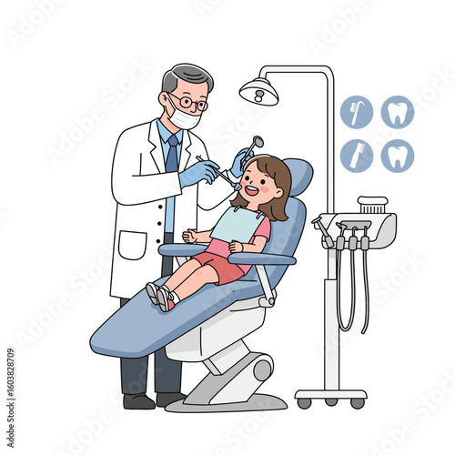 A young girl receives a dental check-up from a friendly dentist in a clean and bright dentist's office, ensuring good oral health and a positive experience.