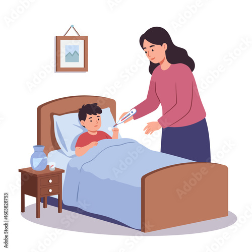 A caring mother checks her sick son's temperature with a thermometer as he rests in bed, illustrating a common scene of childhood illness at home.