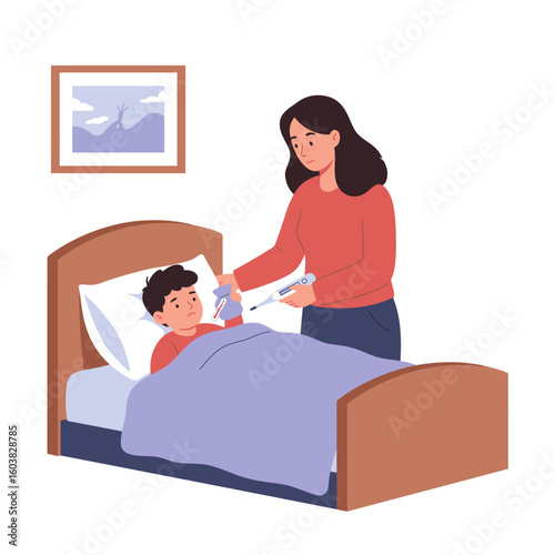 A concerned mother takes her sick child's temperature while providing comfort and care, showing maternal support during an illness in a bedroom setting.
