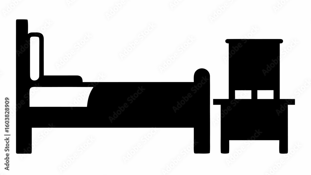 Illustration of a bed with a headboard and a nightstand in a bedroom interior setting shown in black Illustration of a bed with a headboard and a nightstand in a bedroom interior setting shown in black