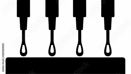 Four black dropper tools aligned above a black rectangle on a white background in a simple illustration