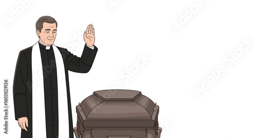 Priest blessing coffin at funeral in flat style illustration