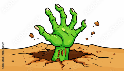 A cartoon zombie hand emerges from a hole in the ground.