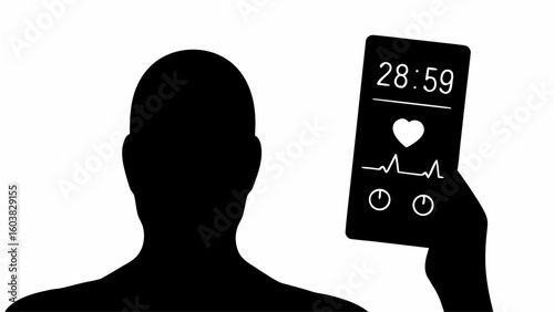 Silhouette of a person holding a device displaying a heart rate monitor and a timer reading 28 minutes 59 seconds