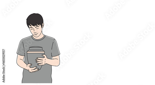 Man holding cremation urn in flat style funeral illustration