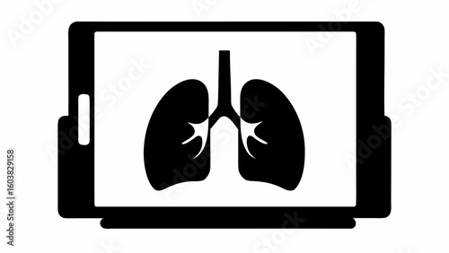 Black and white illustration of lungs displayed on a tablet screen for medical examination purpose