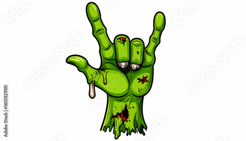 A decaying green zombie hand makes a rock-and-roll hand gesture.