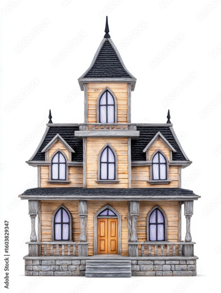 Fototapeta premium Eerie Miniature Haunted House Decoration for Halloween Festivities on White Background
