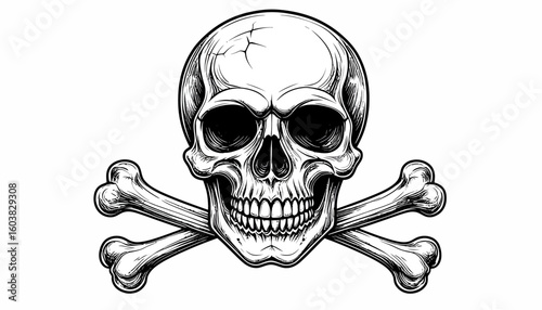 Detailed black and white illustration of a human skull with crossed bones.