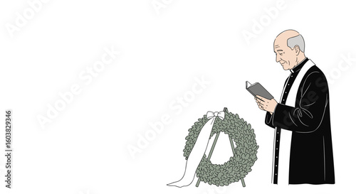 Elderly pastor reading at funeral with wreath in flat illustration