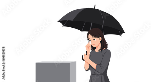 Woman crying at grave under umbrella in flat style illustration