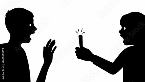 Silhouetted figures reacting to a glowing object held by one person with expressions of surprise and awe