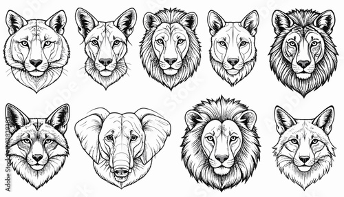 Detailed line art portraits of various wild animals, including lions, wolves, foxes, and an elephant.