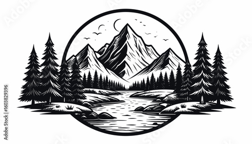 Minimalist black outline of a mountain landscape with a forest and river, vintage emblem design for adventure and travel.