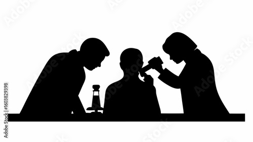 Silhouette illustration of two doctors examining a patient with medical equipment on a table surface area