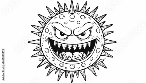 A cartoon illustration of an angry virus or germ with sharp spikes, menacing eyes, and a wide, toothy grin.