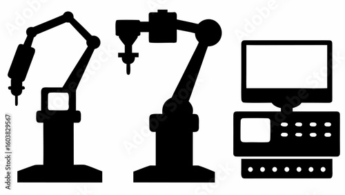 Silhouette illustration showing industrial robotic arms and a computer workstation in black and white style