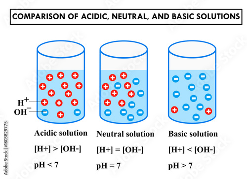 Educational diagram comparing acidic, neutral, and basic solutions based on hydrogen ion (H⁺) and hydroxide ion (OH⁻) concentrations, along with pH values. Simple vector illustration for chemistry.