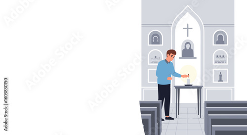 Man lighting candle in church interior flat style illustration