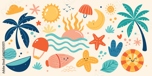 Underwater tropical seamless pattern with cartoon sea animals, fish, shells, and flowers perfect for a summer holiday beach background