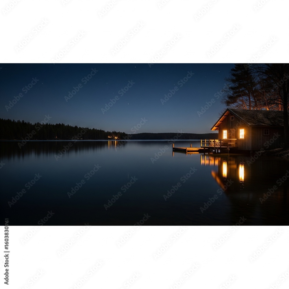 Fototapeta premium Serene lakeside cabin illuminated at twilight, reflecting softly on calm water.