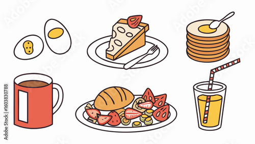 Flat design vector of breakfast foods featuring eggs, toast, pancakes, cereal, coffee, and juice illustrations.

