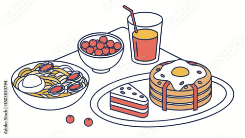 Flat design breakfast food vector including eggs toast pancakes cereal coffee and juice illustrations





