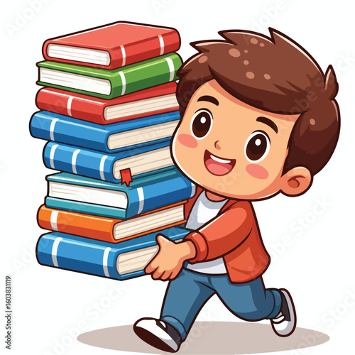 vector image of a boy carrying a stack of books