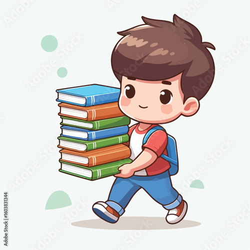 vector image of a boy carrying a stack of books