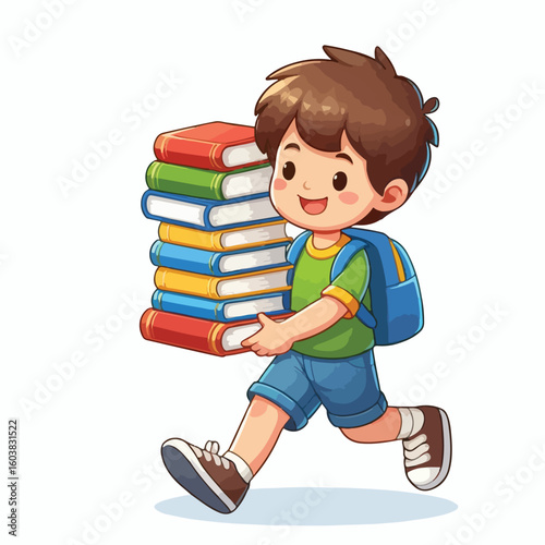 vector image of a boy carrying a stack of books