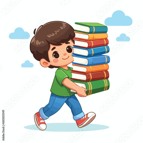 vector image of a boy carrying a stack of books