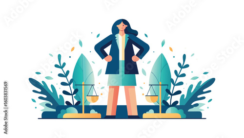 Flat vector illustration of empowered woman standing with scales, office style, plant background, International Women’s Day and female equality concept