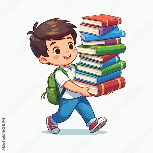 vector image of a boy carrying a stack of books