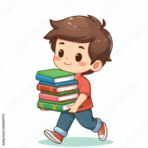 vector image of a boy carrying a stack of books