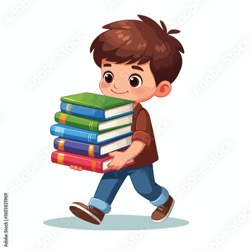 vector image of a boy carrying a stack of books