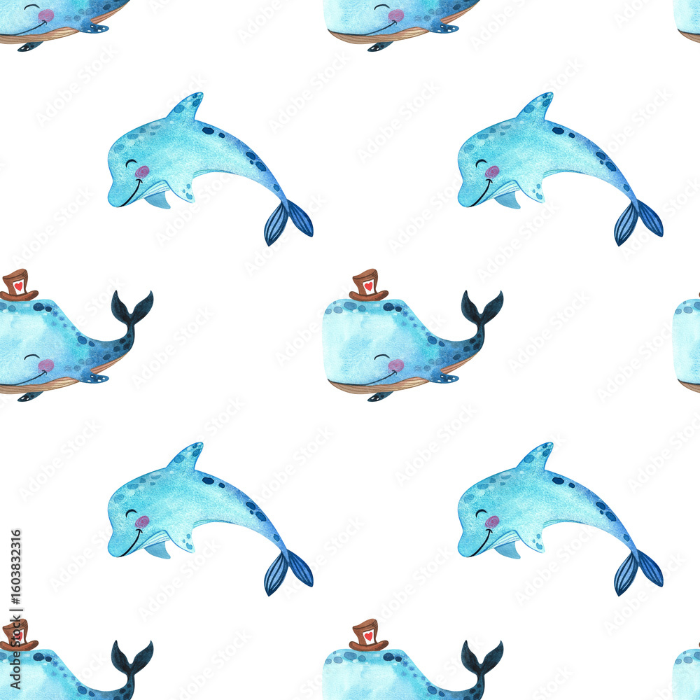 Fototapeta premium Seamless watercolor pattern with cute underwater animals. Funny illustration with dolphins and whales. For decorating children's rooms, holidays, postcards