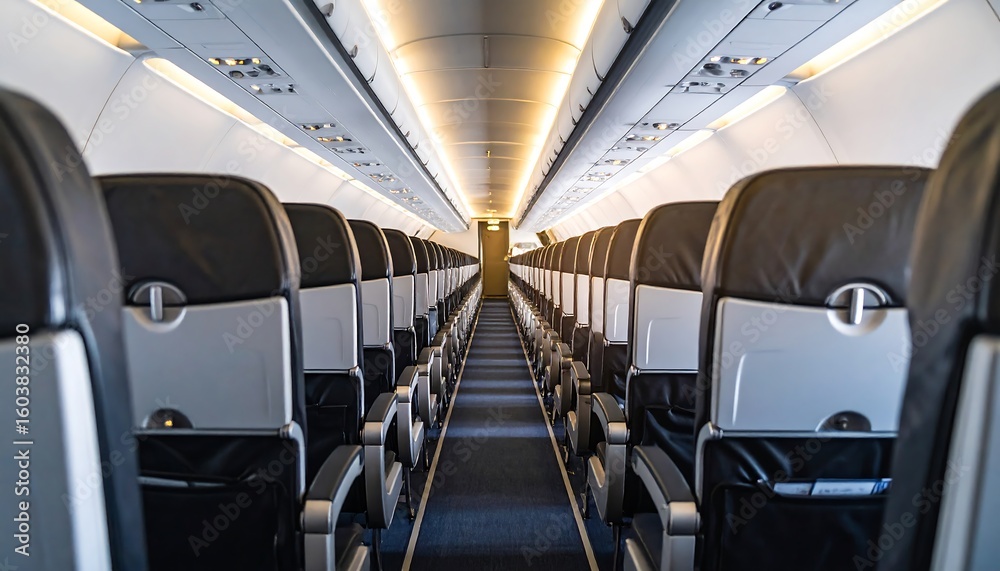 Obraz premium Empty airplane aisle. Inside view of an aircraft cabin