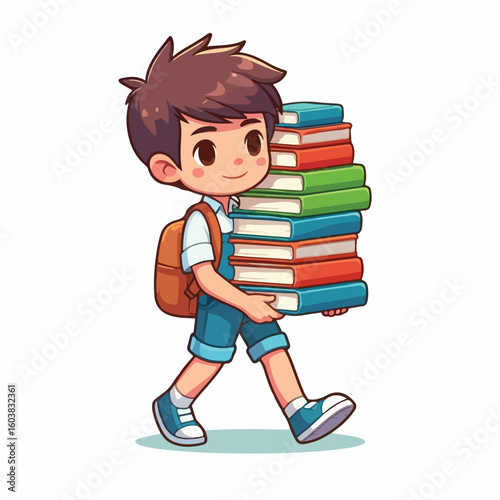 vector image of a boy carrying a stack of books