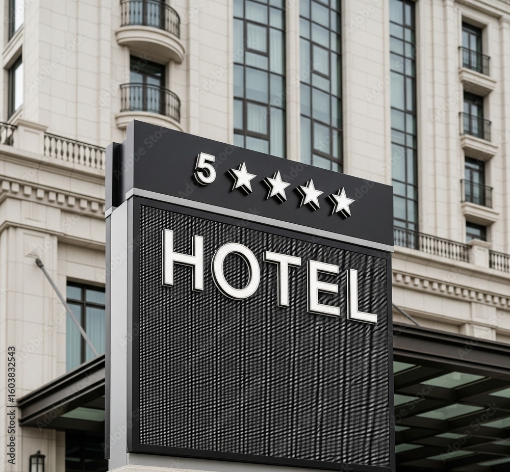 Obraz premium Five-star hotel entrance sign displayed prominently before a modern building.