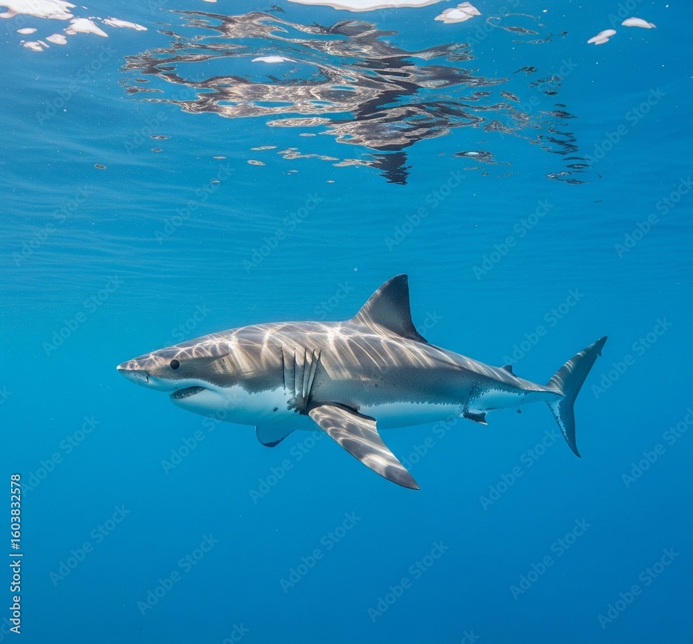Obraz premium A great white shark gracefully swims in the clear, blue ocean depths.