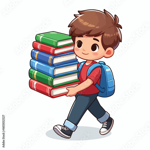 vector image of a boy carrying a stack of books