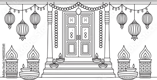 diwali Indian house entrance decorated for Diwali with hanging lanterns (kandil), string lights, toran garland, and diyas on the steps. Symmetrical and festive, suitable for children's coloring pages 