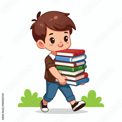 vector image of a boy carrying a stack of books