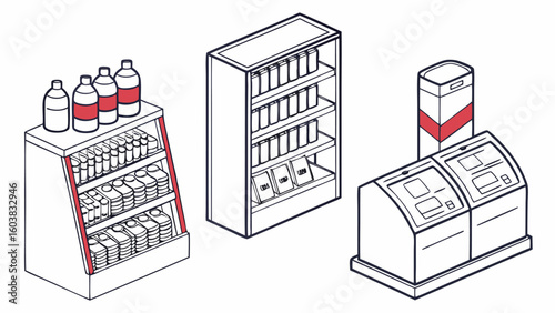 Isometric illustration of a retail store display featuring shelves stocked with bottles and packaged goods alongside a kiosk and a promotional pillar