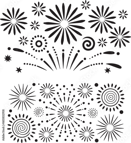 clipart illustration of Diwali fireworks bursting in the sky. Stylized starbursts, spirals, and dotted trails arranged in radial symmetry. Hand-drawn ink style, clean outlines, transpar.eps