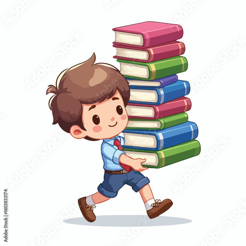 vector image of a boy carrying a stack of books