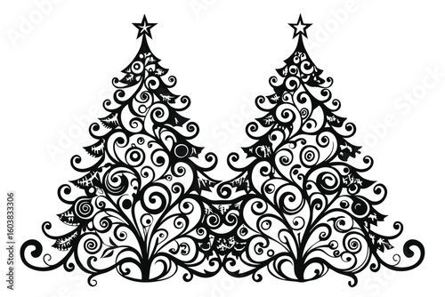 Elegant Black and White Christmas Trees with Ornate Swirls and Star Toppers Holiday Season Decoration