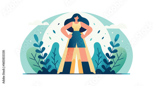Flat vector illustration of confident woman standing with hands on hips, empowered female energy and inspiration, International Women’s Day theme, floral background