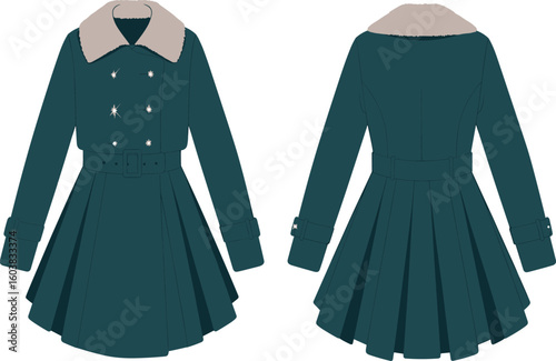 Stylish kids winter coat with fur collar, pleated skirt, belt detail, long sleeves, flat sketch front back cad vector illustration