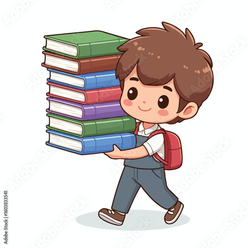 vector image of a boy carrying a stack of books